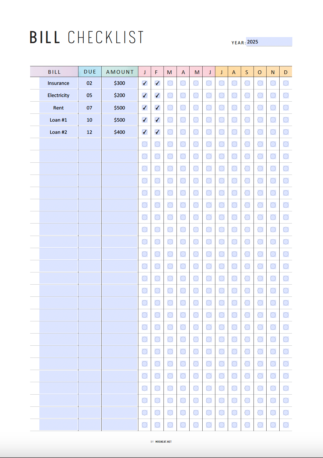 Fillable Yearly Bill Payment Tracker, Printable Bill Payment Checklist, Bill Payment Log, Expense Tracker, 2 Colors, A4, A5, Letter, HL