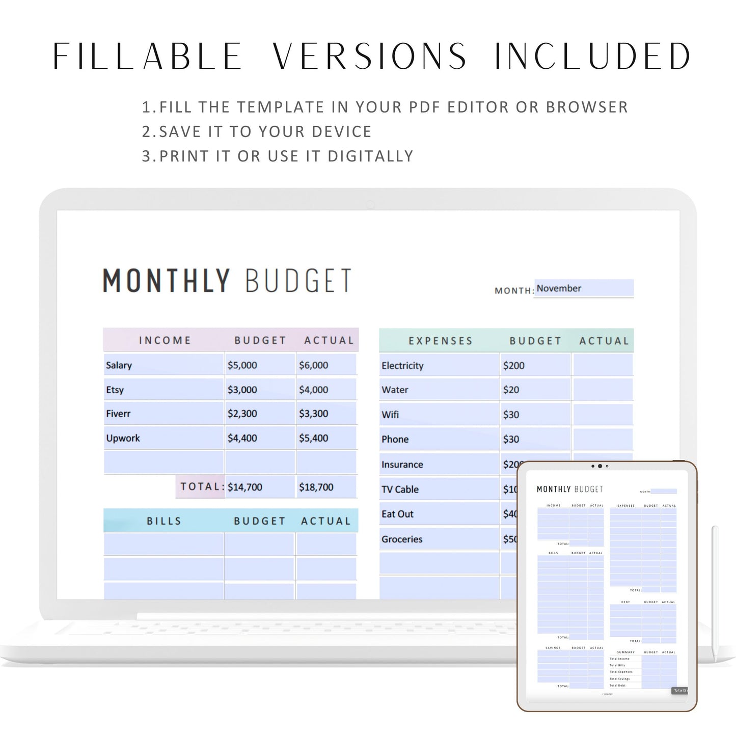 Fillable Monthly Budget Planner Printable, Budget Tracker Template, Finance Overview, Budget Sheet, 2 Colors, A4, A5, Letter, Half Letter