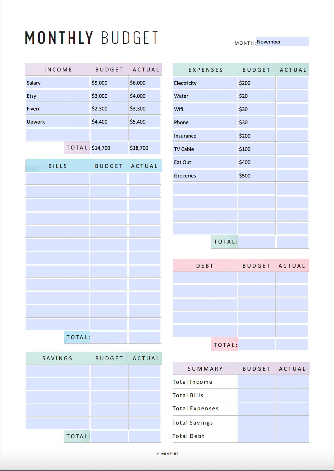 Fillable Monthly Budget Planner Printable, Budget Tracker Template, Finance Overview, Budget Sheet, 2 Colors, A4, A5, Letter, Half Letter