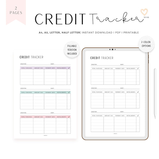 Credit Card Tracker, Printable, A4, A5, Letter, Half Letter, 2 Colors, Digital Planner