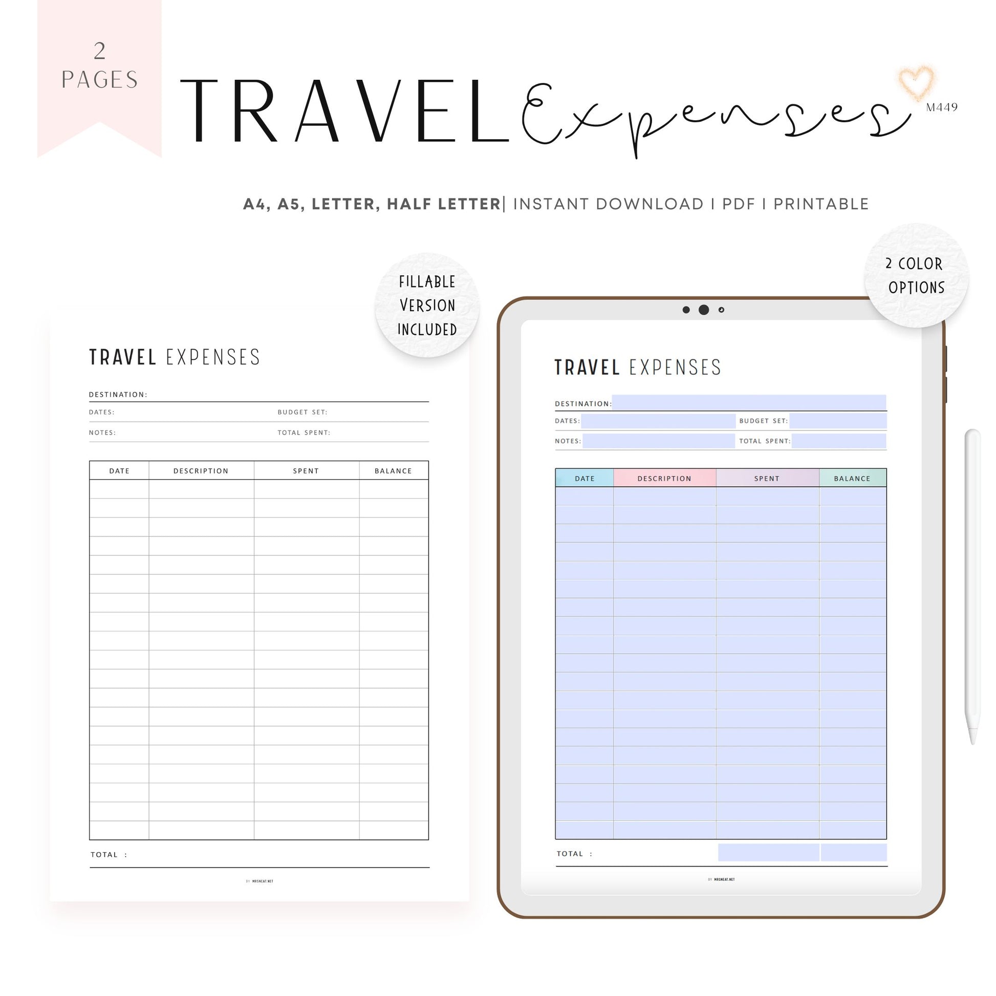 Travel Expense Tracker, Printable, A4, A5, Letter, Half Letter, Digital Planner, 2 Colors, Fillable PDF, Editable PDF