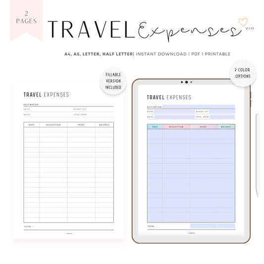 Travel Expense Tracker, Printable, A4, A5, Letter, Half Letter, Digital Planner, 2 Colors, Fillable PDF, Editable PDF