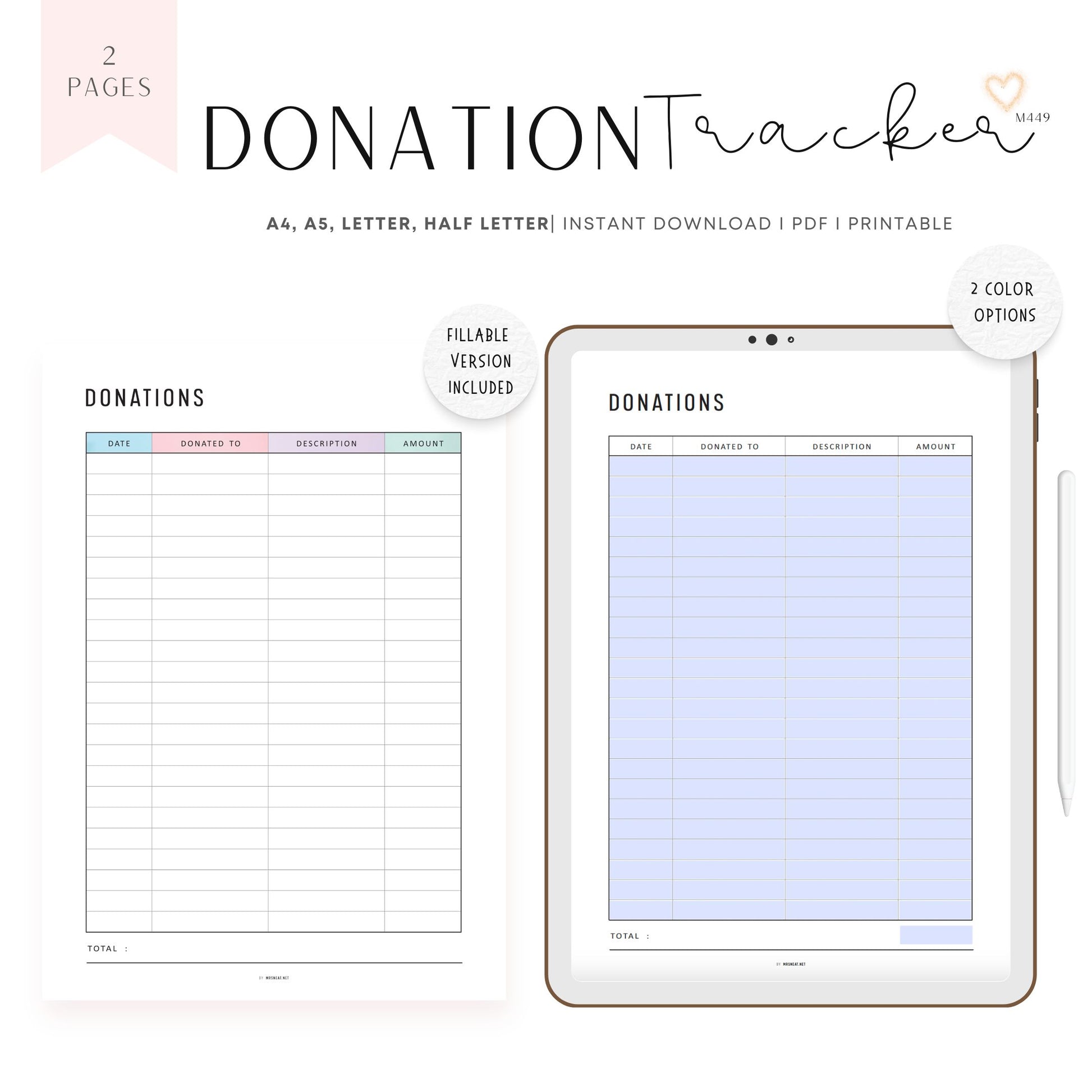 Donation Tracker Template, Printable, A4, A5, Letter, Half Letter, PDF, 2 Colors, Digital Planner