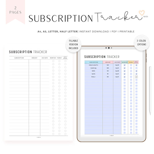 Subscription Tracker Printable, Membership Checklist, Fillable Subscription Checklist, Expense Tracker,  A4, A5, Letter, Half Letter