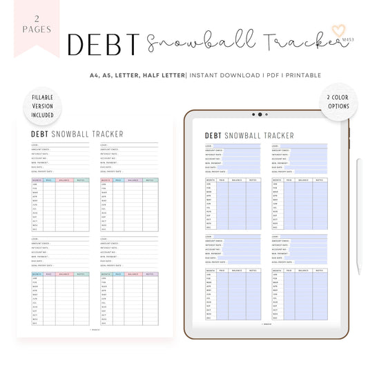 Debt Snowball Tracker, Debt Payment Tracker Printable, Fillable Debt Tracker, Debt Payoff Log, A4, A5, Letter, Half Letter, 2 Colors, PDF