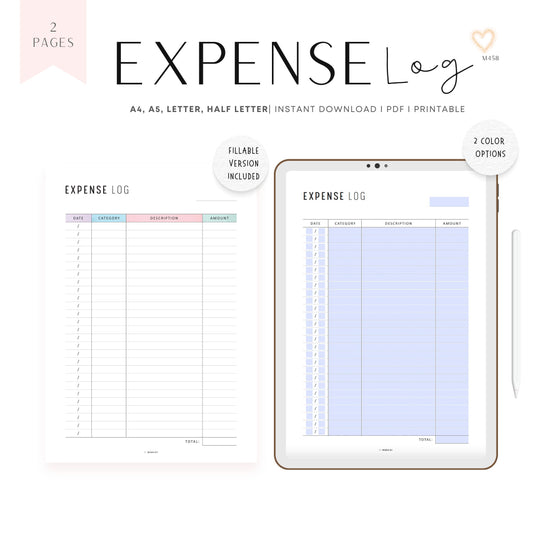 Expense Log Template, Printable, A4, A5, Letter, Half Letter, PDF, Digital Planner, 2 Colors, Instant Download