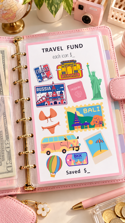 Pastel Travel Fund Planner Flat Lay