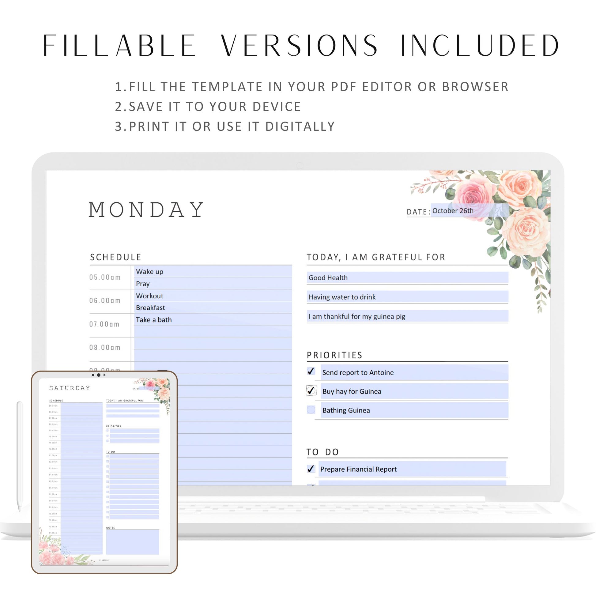 Fillable Daily Planner Printable, 7 Day Planner, Half Hour Schedule Planner, To Do List, A4, A5, Letter, Half Letter, 7 Pages, Floral Theme