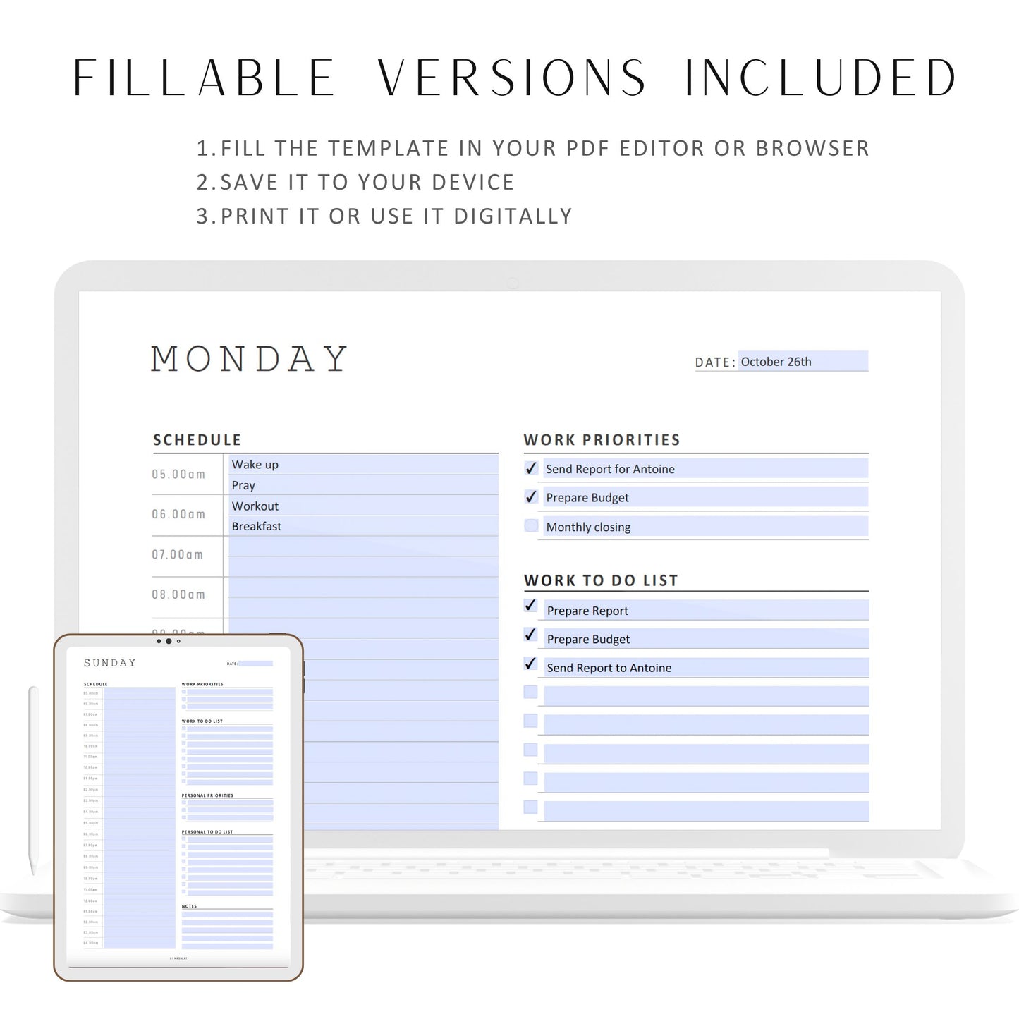 Fillable Work from Home Planner Printable, Daily Planner, Personal Daily Planner, Half Hourly Planner, A4, A5, Letter, Half Letter, 7 Pages