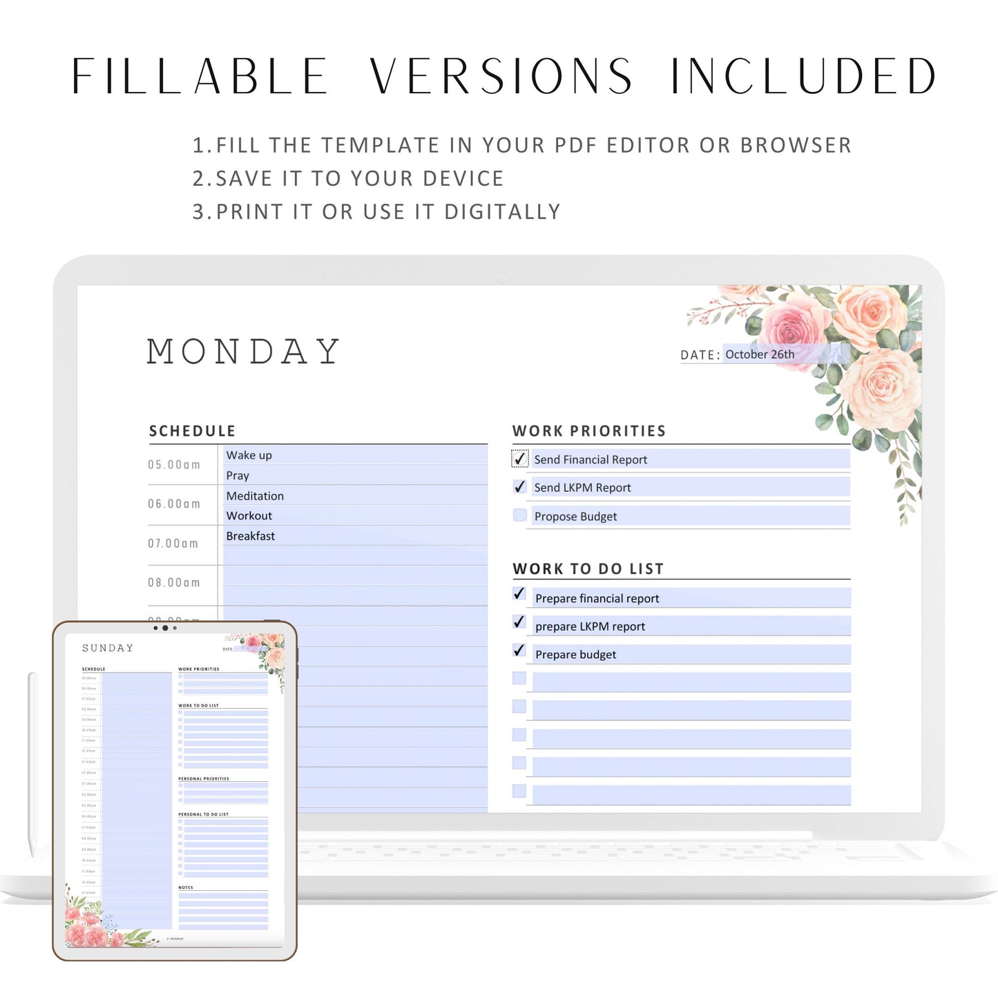 Floral Work from home planner, Personal Daily Planner Printable, Fillable Daily Half Hourly Planner, A4, A5, Letter, Half Letter, 7 Pages