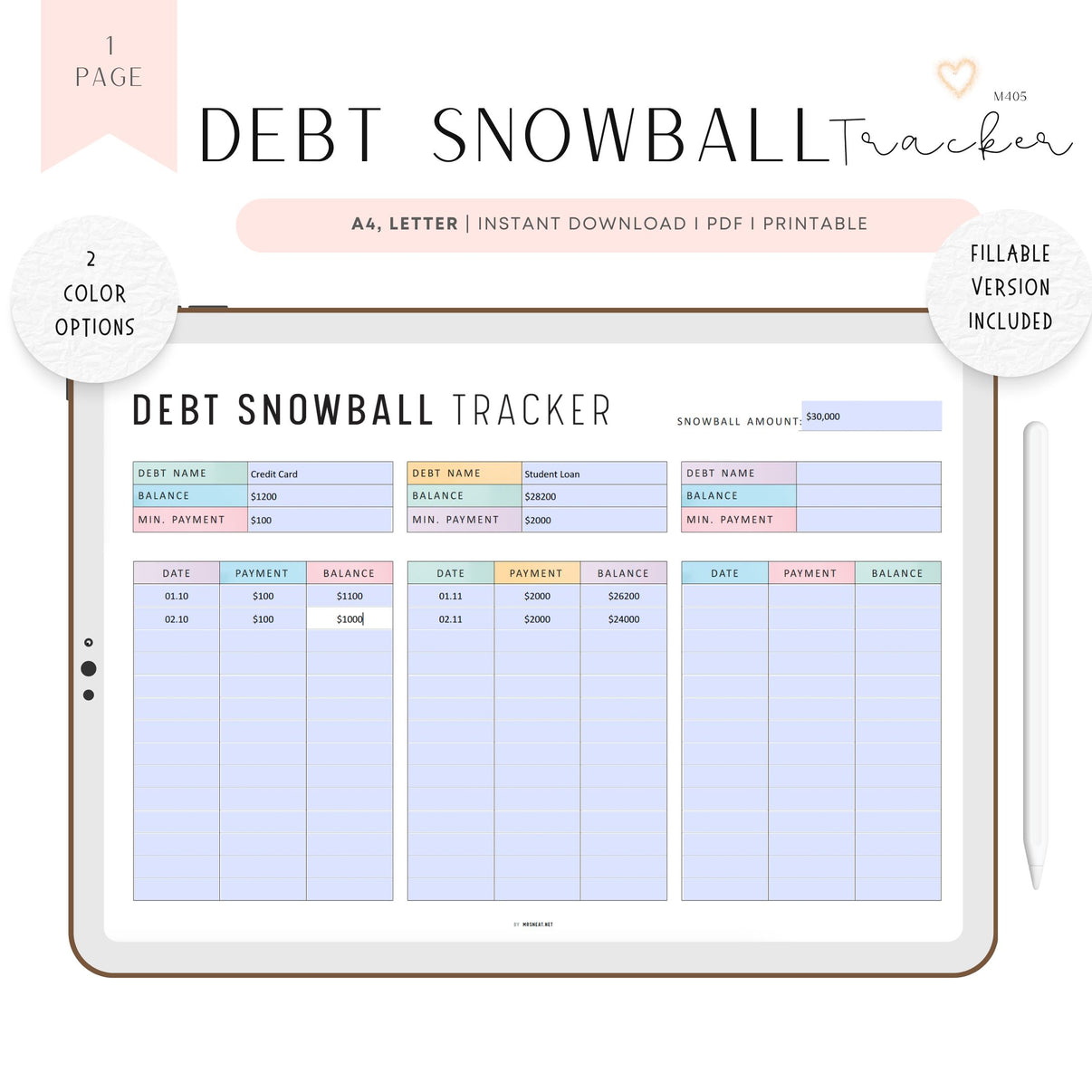 Debt Snowball Tracker Template Printable M405 mrsneat