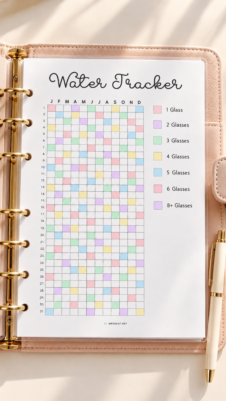Blush Pink Water Tracker Planner Flat Lay.
