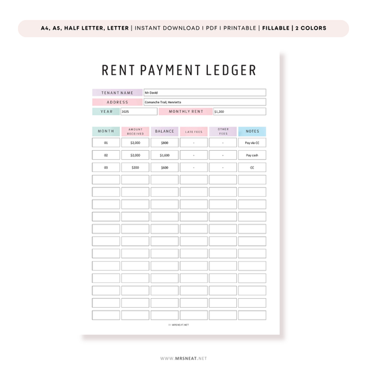 Rent Payment Ledger Template PDF - M514