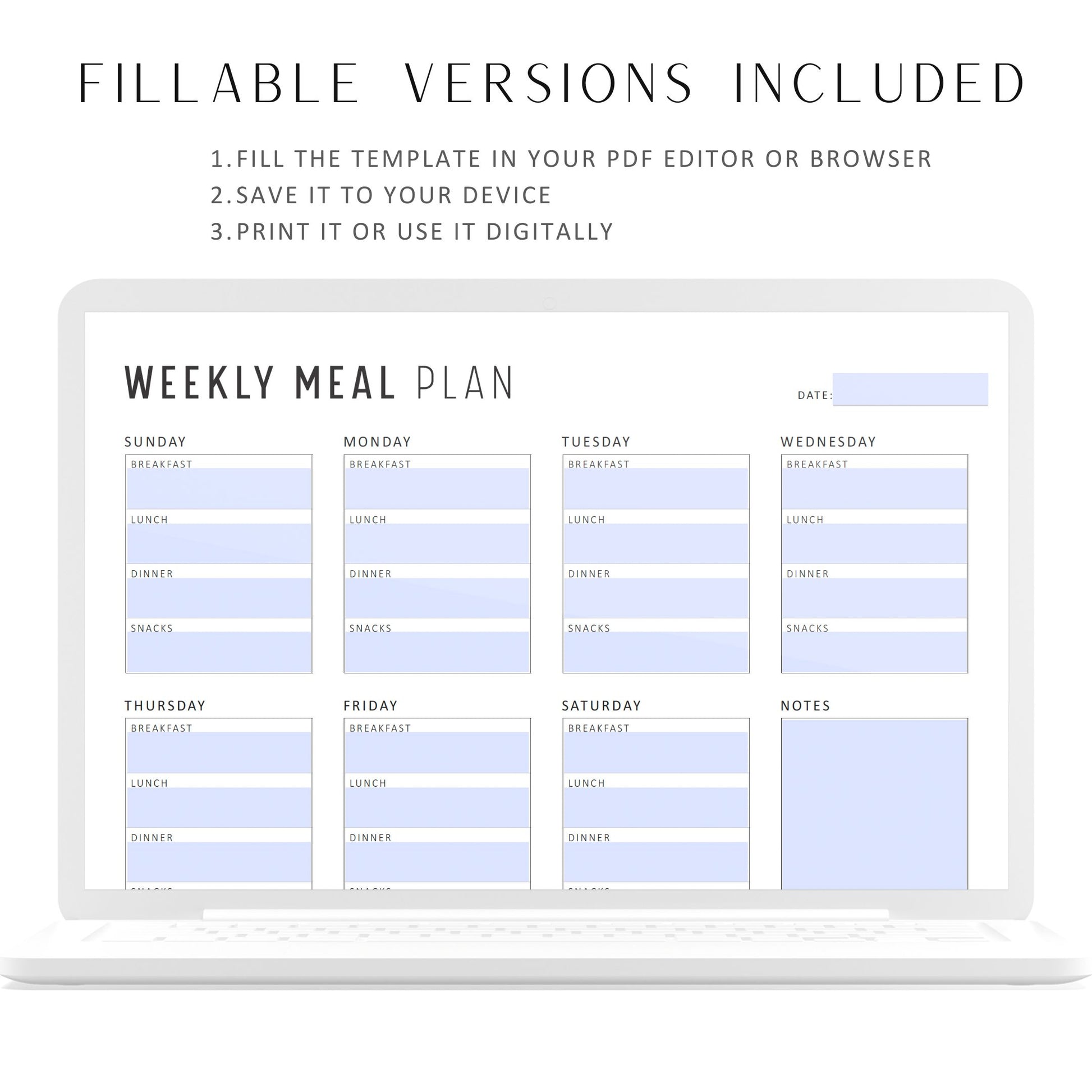 Printable Weekly Meal Planner Landscape, Colorful and Minimalist Style, A4, Letter, Sunday and Monday Start Options Included