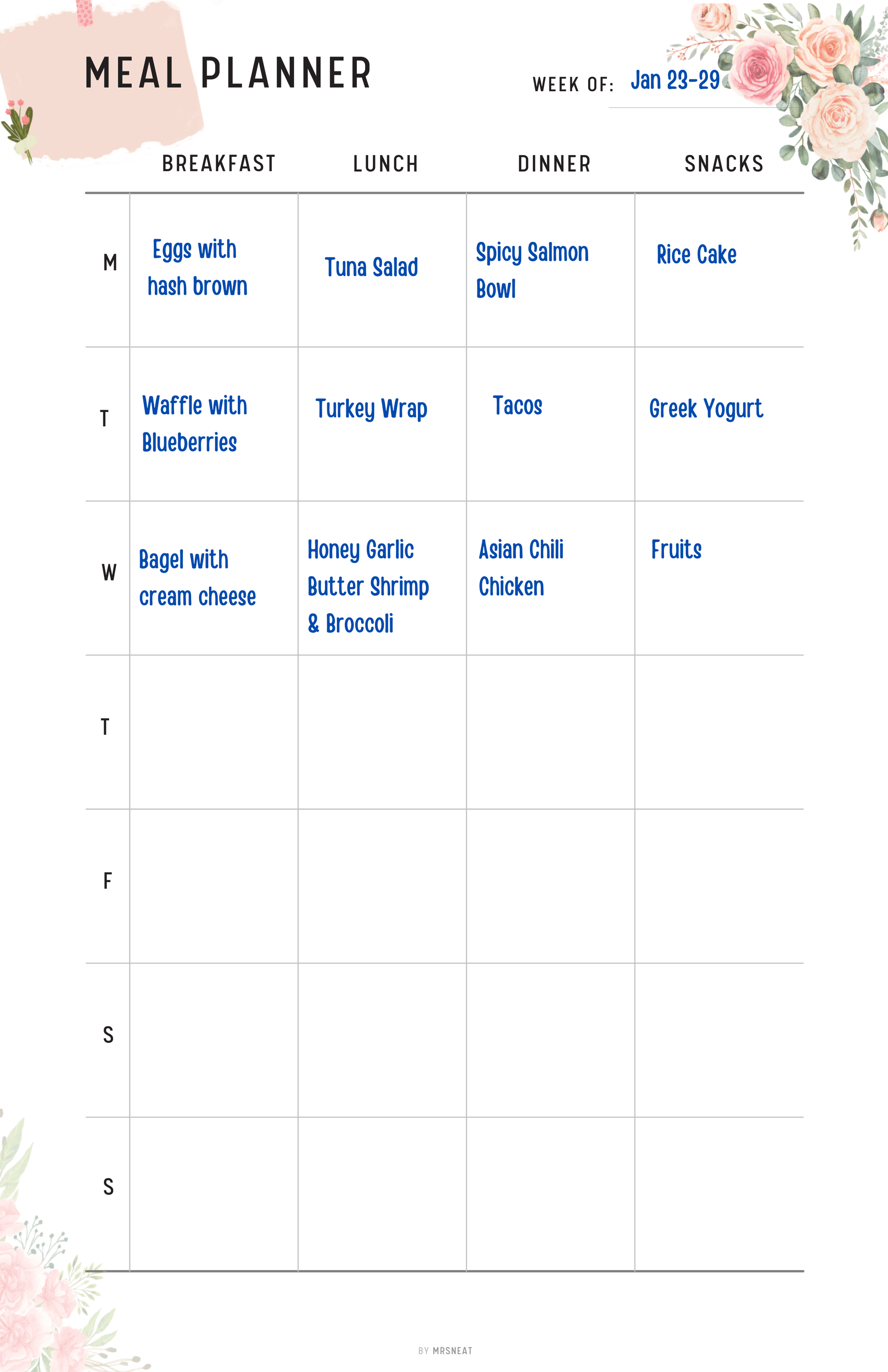 Floral Weekly Meal Planner Printable with room for hole punches on either side