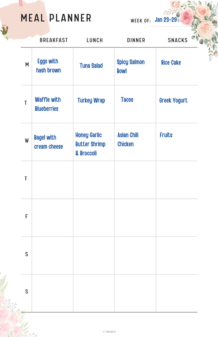Floral Weekly Meal Planner Printable PDF - M094 – mrsneat