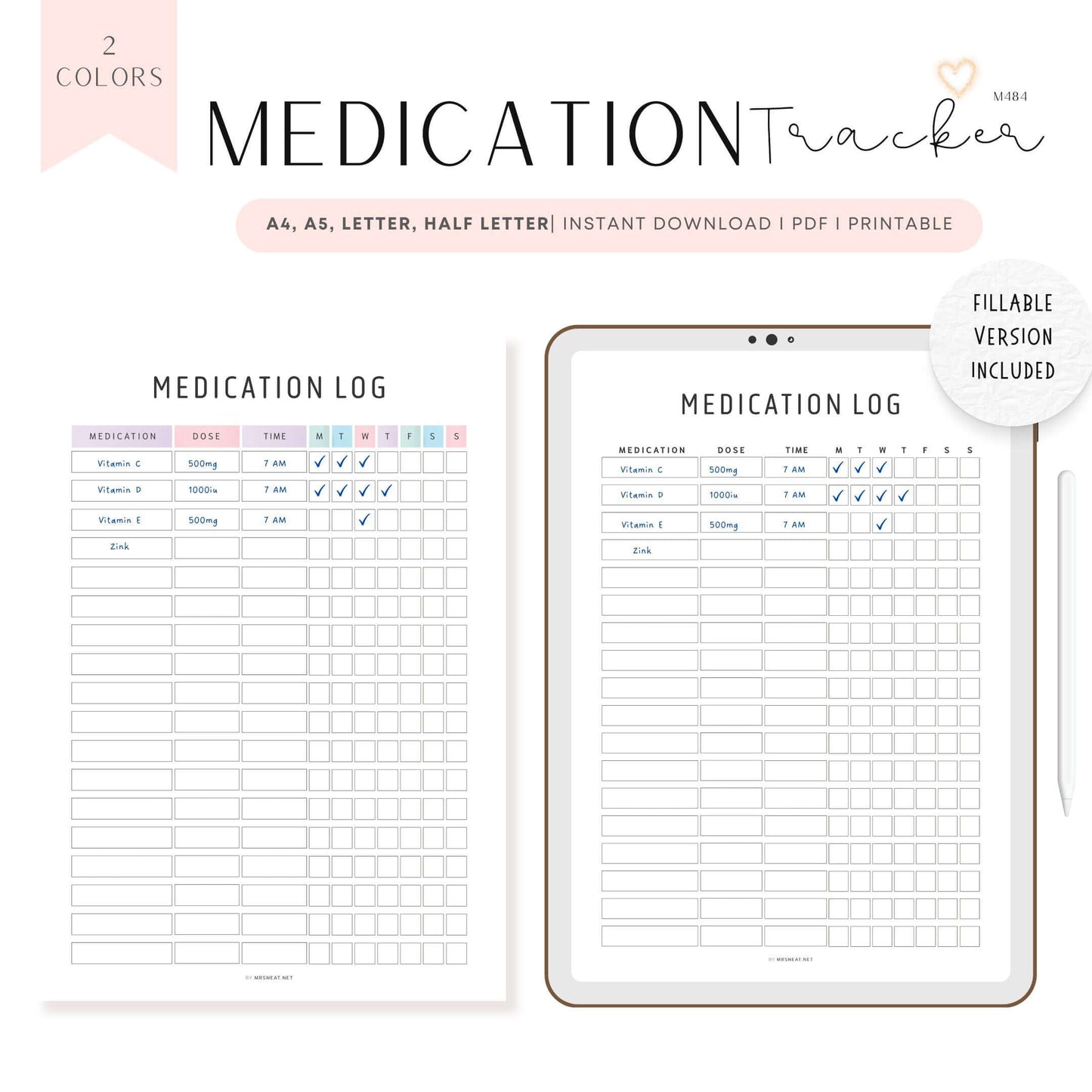 Beautiful Daily Medication Tracker Fillable PDF, 2 Color Options Included