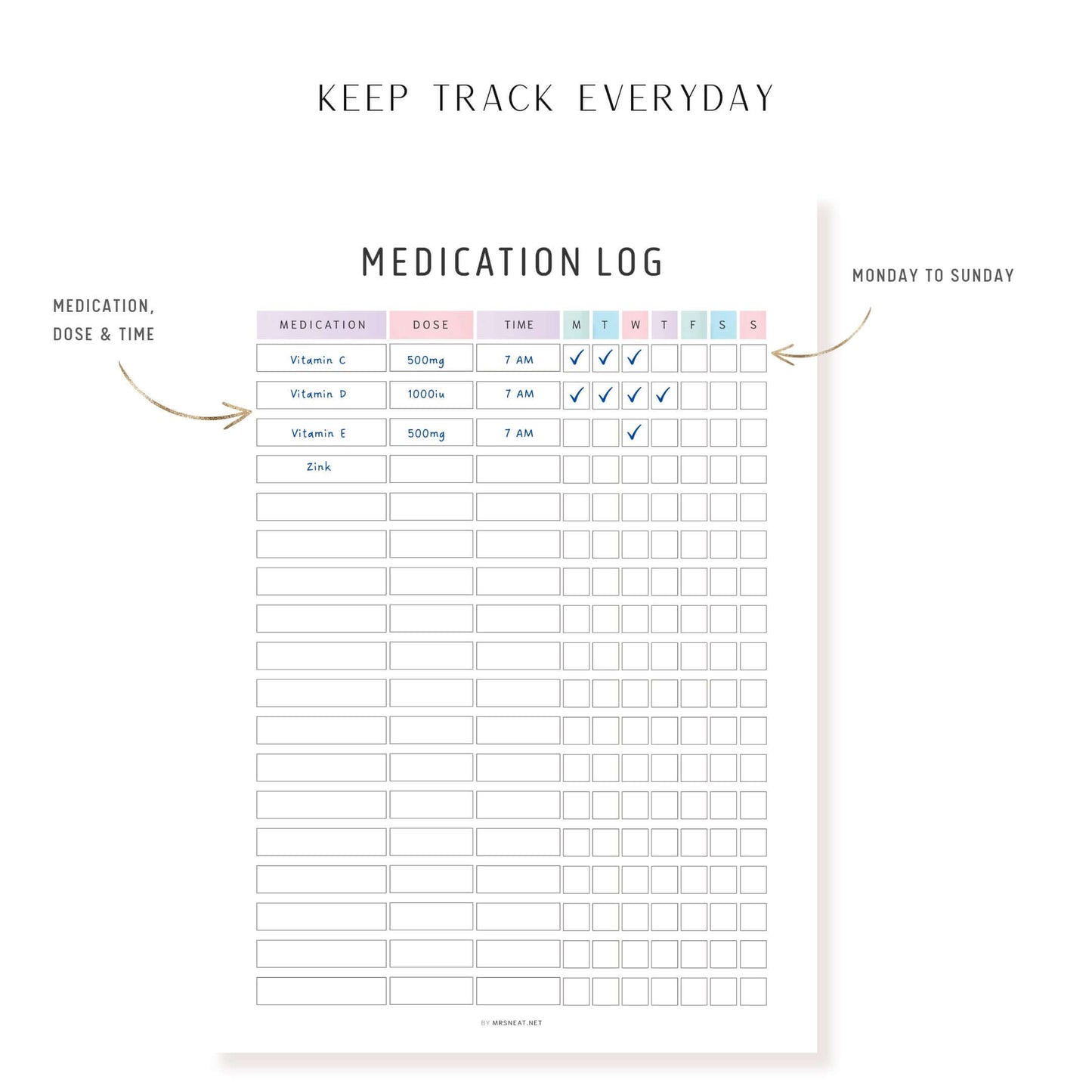 How to use Beautiful Daily Medication Tracker Fillable PDF, 2 Color Options Included