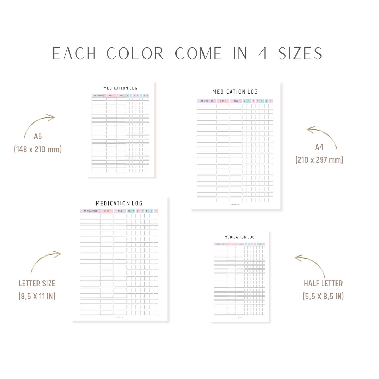 A4, A5, Letter, Half Letter, Colorful Beautiful Daily Medication Tracker Fillable PDF, 2 Color Options Included