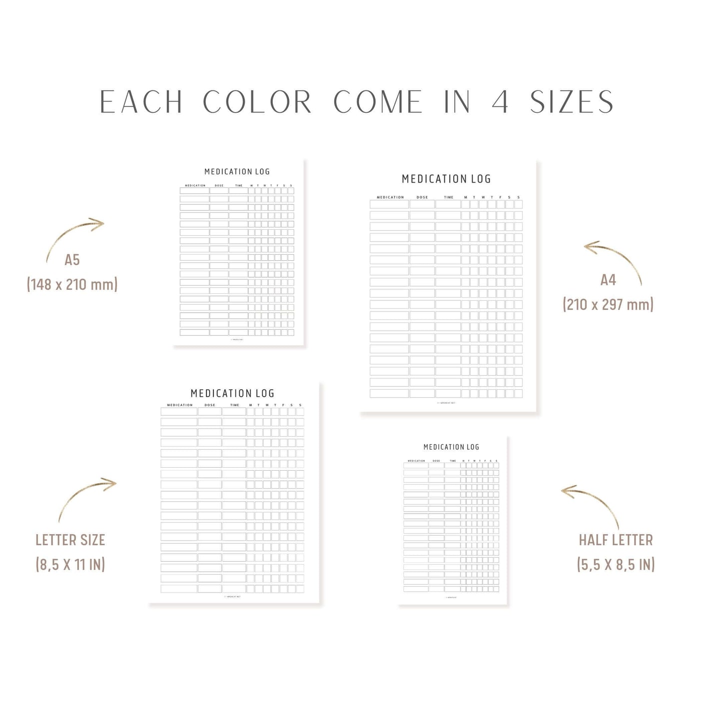 A4, A5, Letter, Half Letter Minimalist Beautiful Daily Medication Tracker Fillable PDF, 2 Color Options Included