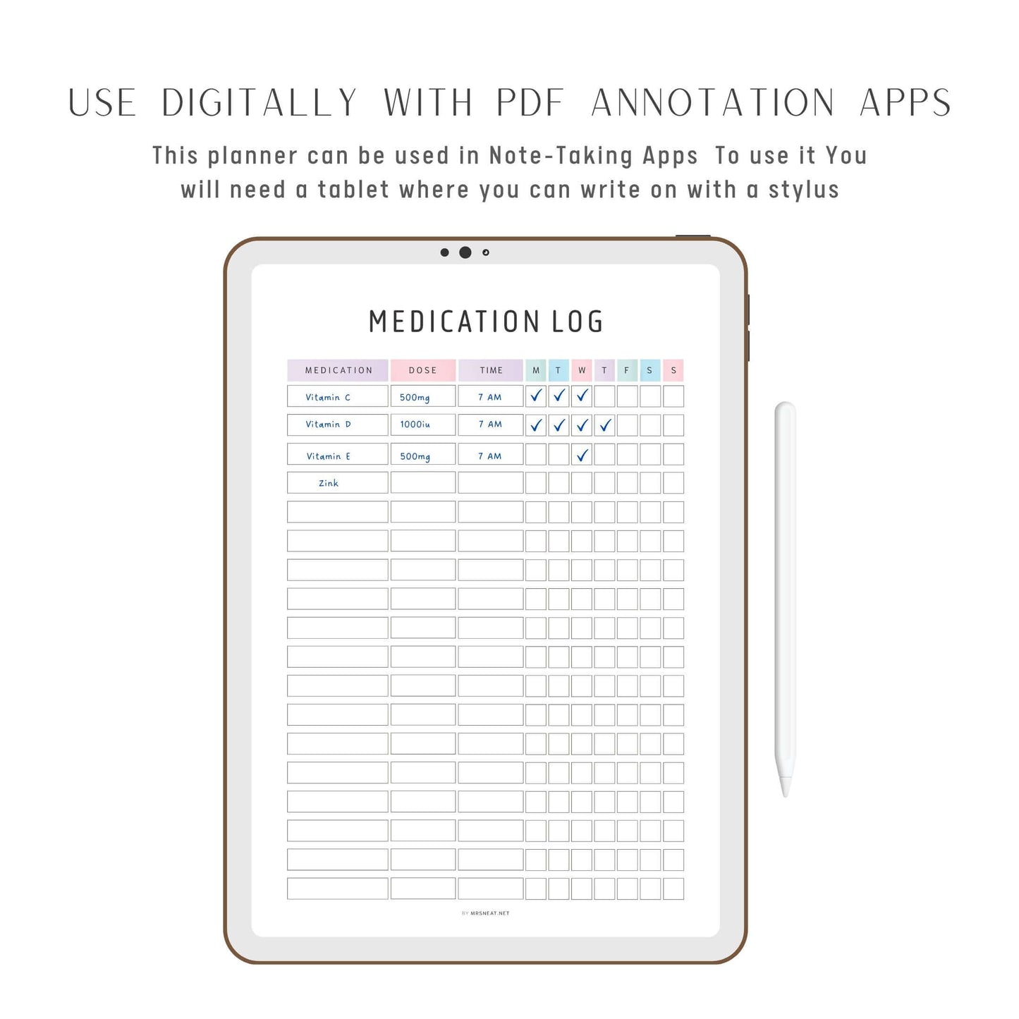 Digital Beautiful Daily Medication Tracker Fillable PDF, 2 Color Options Included