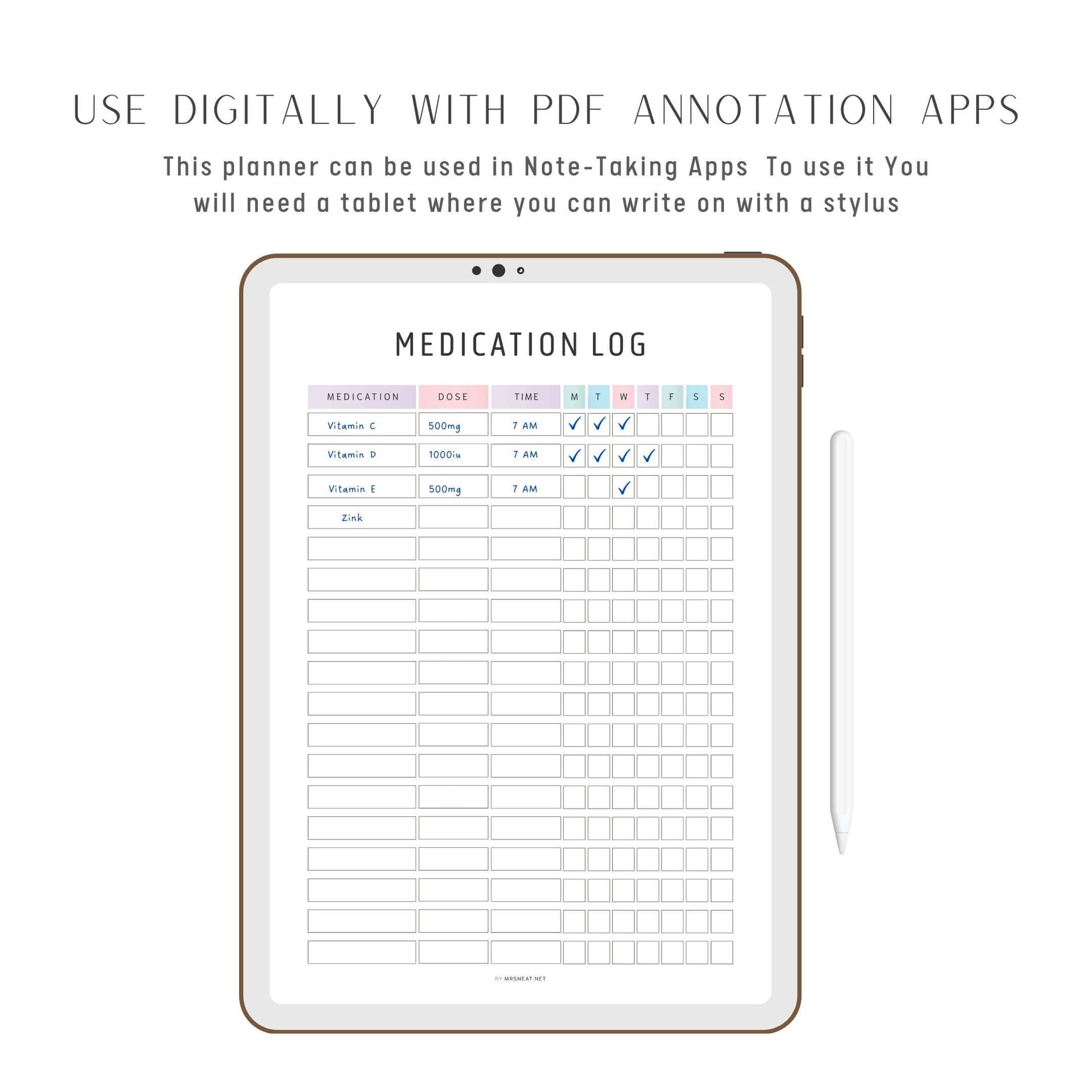 Digital Beautiful Daily Medication Tracker Fillable PDF, 2 Color Options Included