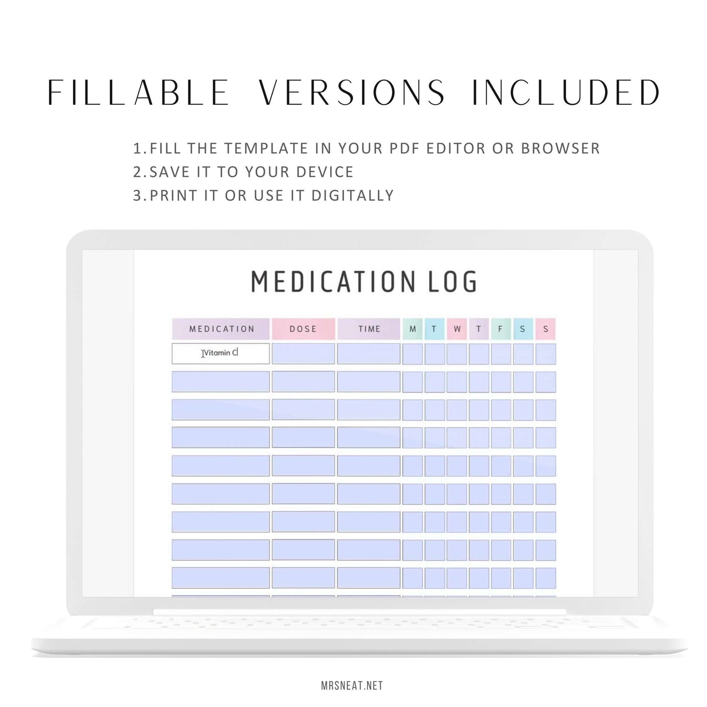 Editable Beautiful Daily Medication Tracker PDF, 2 Color Options Included