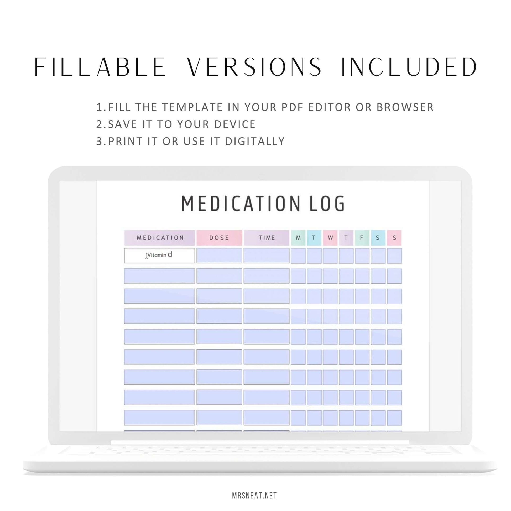 Editable Beautiful Daily Medication Tracker PDF, 2 Color Options Included