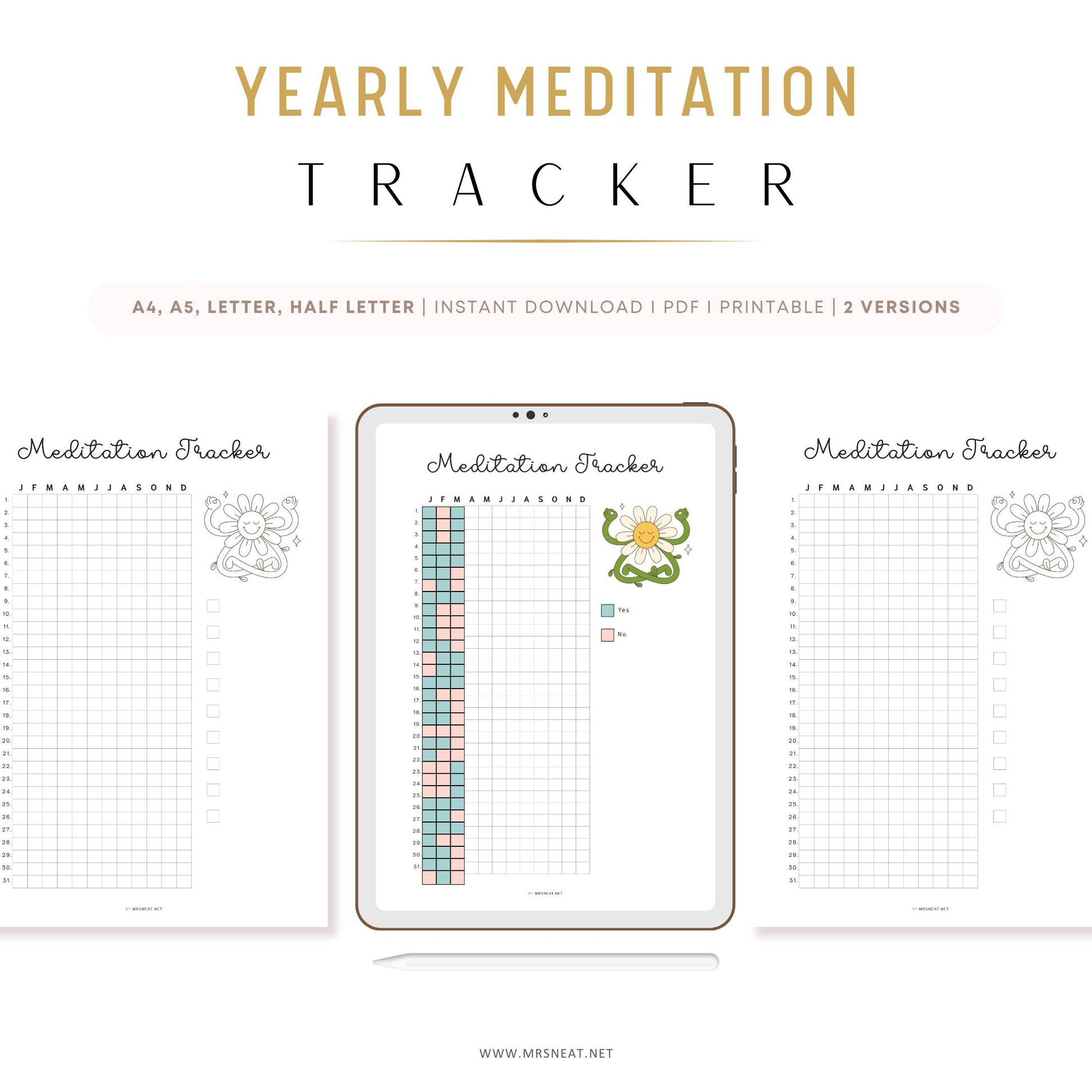 Meditation Tracker Yearly, PRINTABLE Journal Page, Track Fitness, Track Health, Track Meditating, Meditate Tracker, Daily Meditation, 2 Versions, A4, A5, Letter, Half Letter, PDF, Digital Planner, Printable Planner