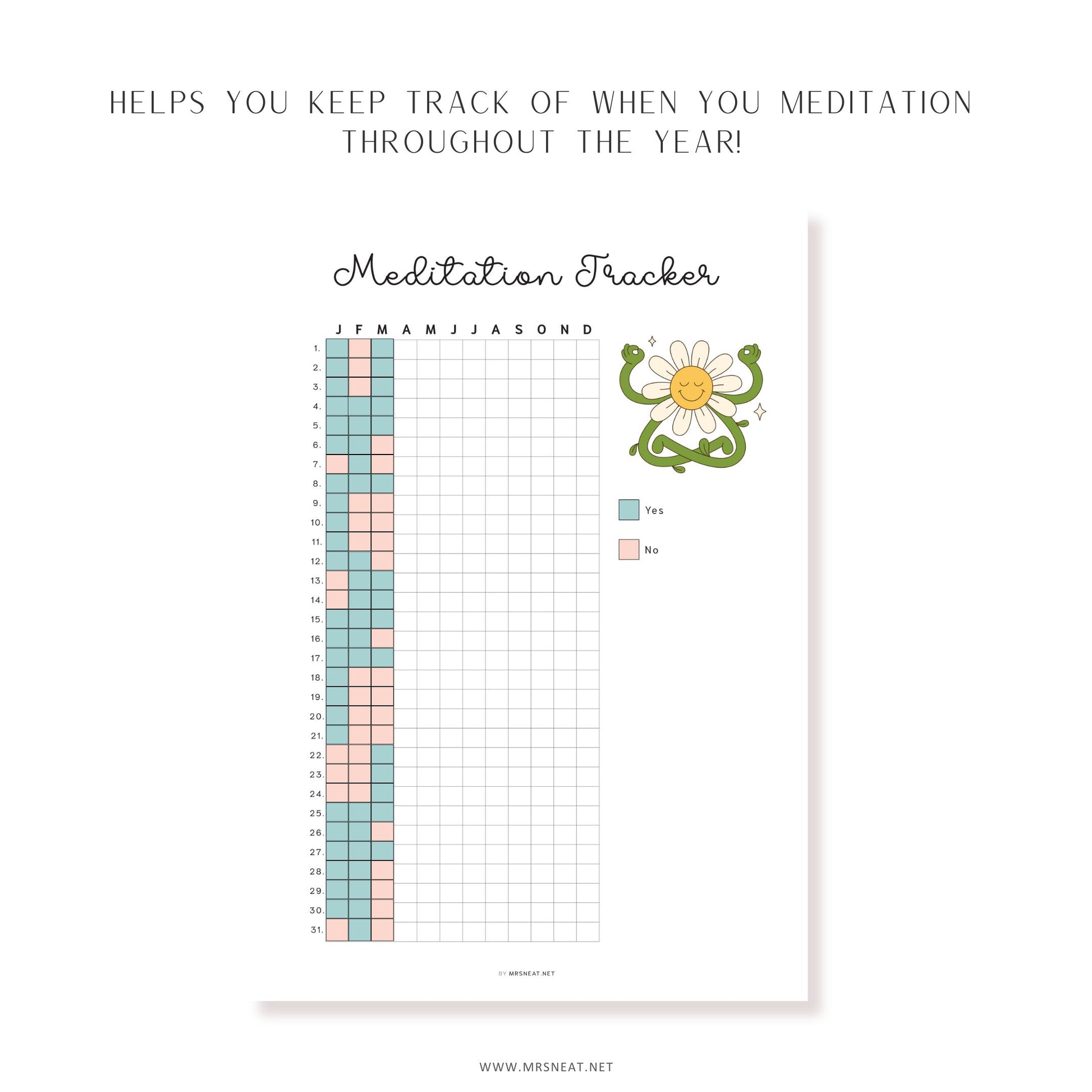 Meditation Tracker Yearly, PRINTABLE Journal Page, Track Fitness, Track Health, Track Meditating, Meditate Tracker, Daily Meditation, 2 Versions, A4, A5, Letter, Half Letter, PDF, Digital Planner, Printable Planner