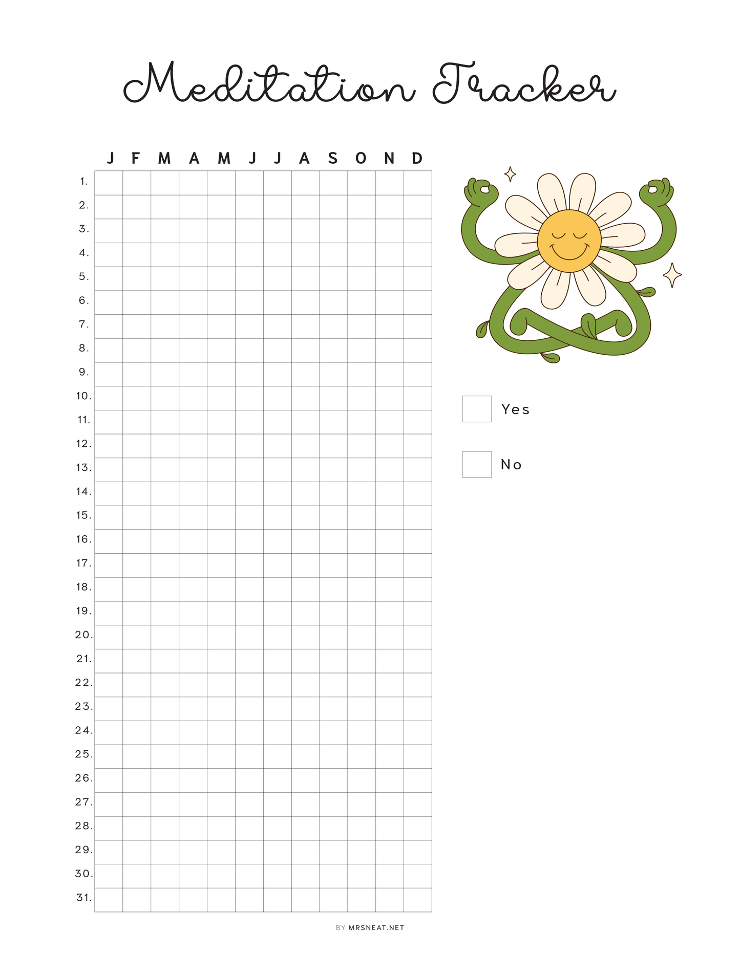 Meditation Tracker Yearly, PRINTABLE Journal Page, Track Fitness, Track Health, Track Meditating, Meditate Tracker, Daily Meditation, 2 Versions, A4, A5, Letter, Half Letter, PDF, Digital Planner, Printable Planner