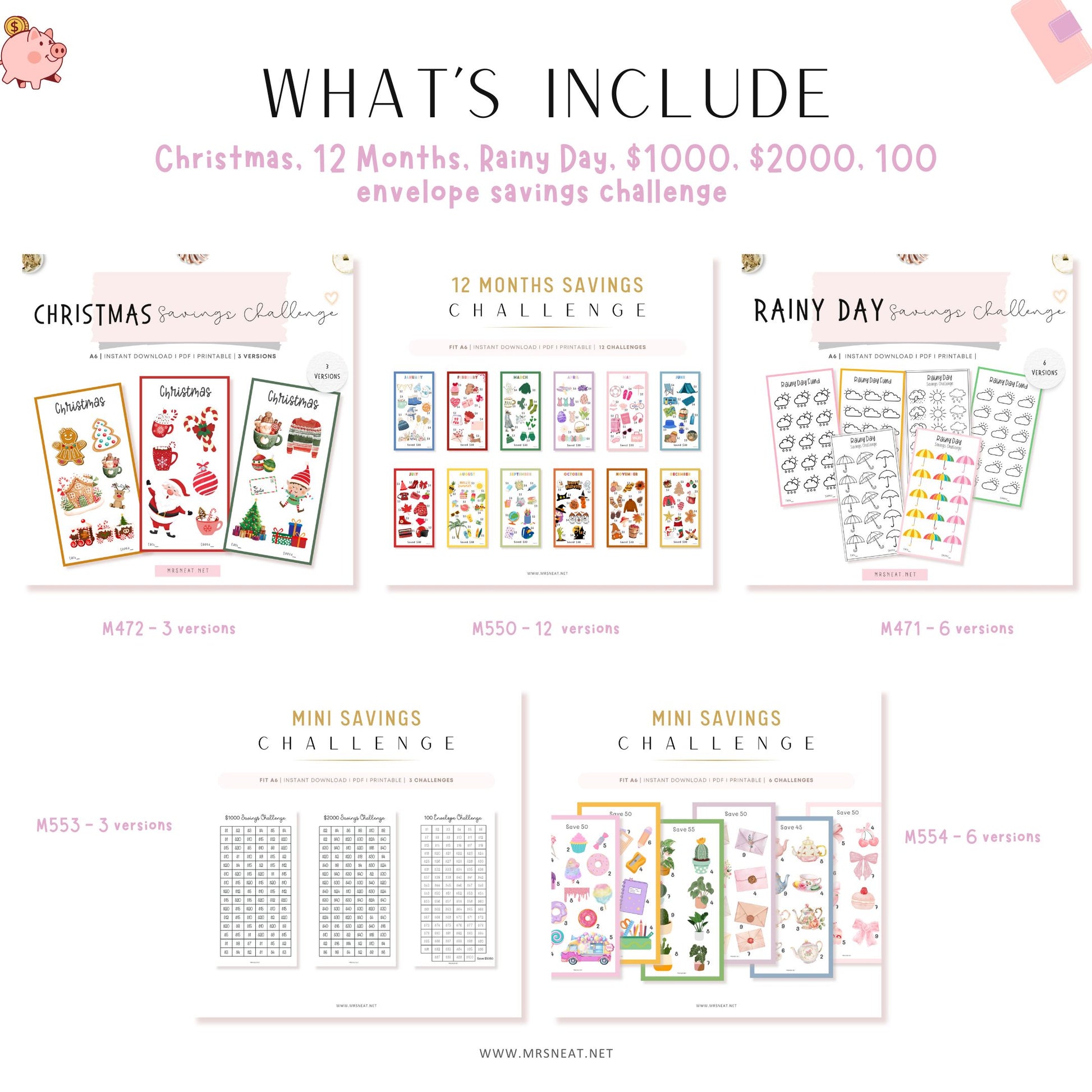 Collection of savings challenge printables for Christmas, 12 Months, Rainy Day, and Mini Savings Challenges on a white background.