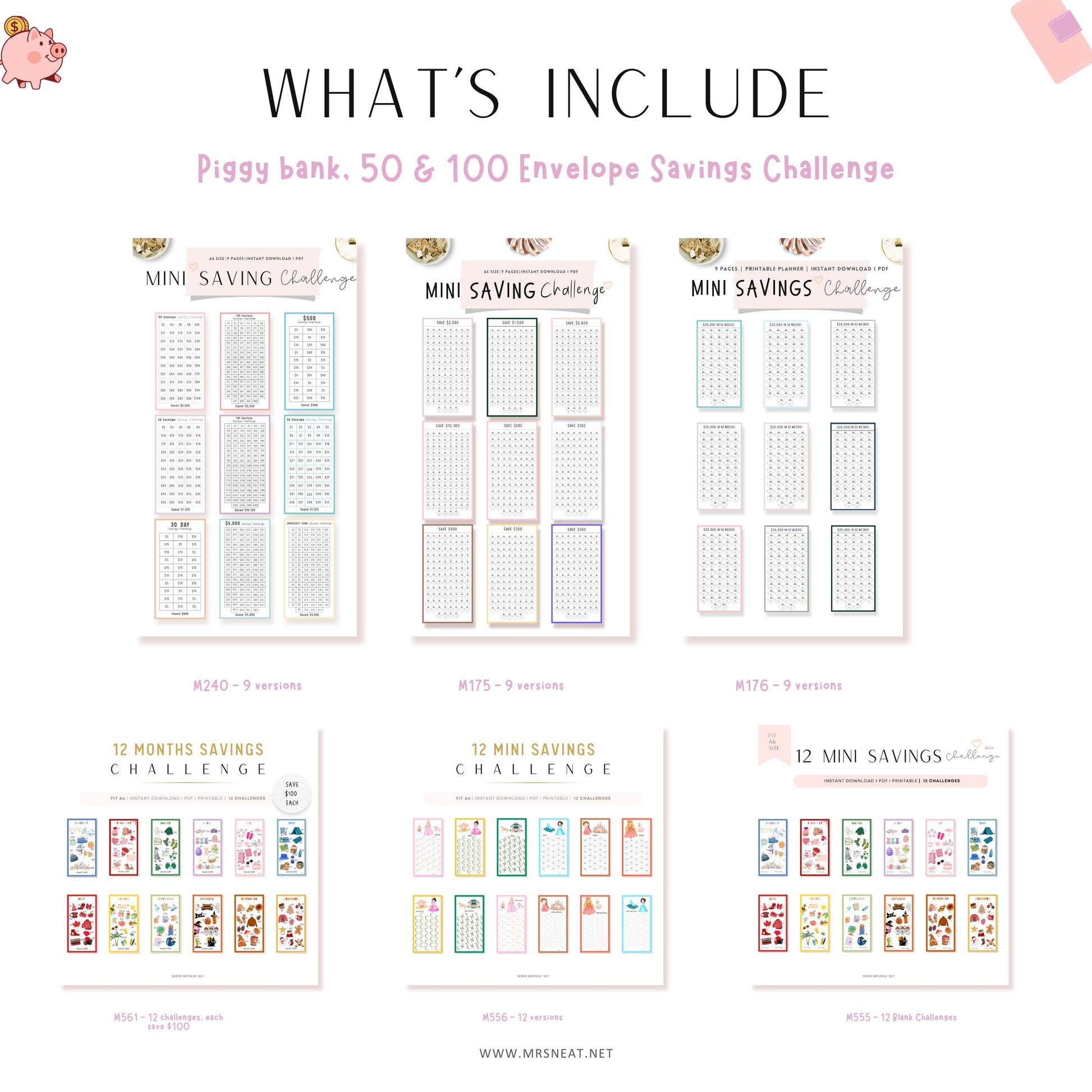Set of savings challenge charts with piggy bank and envelope labels on a white background