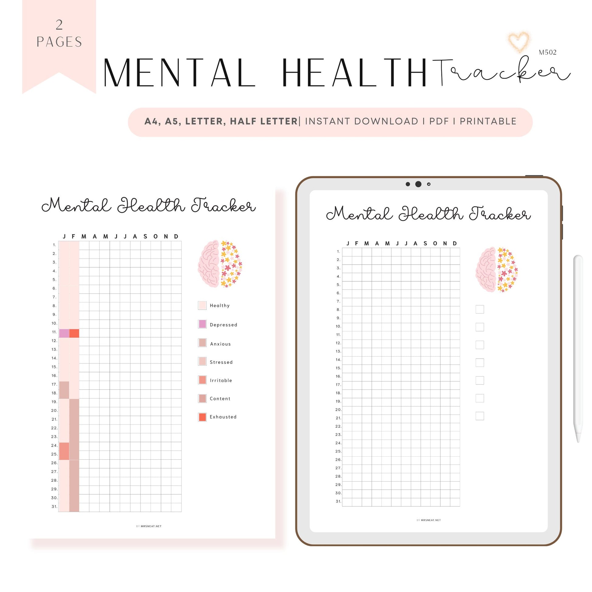 Mental Health Tracker Template Printable PDF, A4, A5, Letter, Half Letter, Minimalist, Digital, Pre-filled & Blank Planner