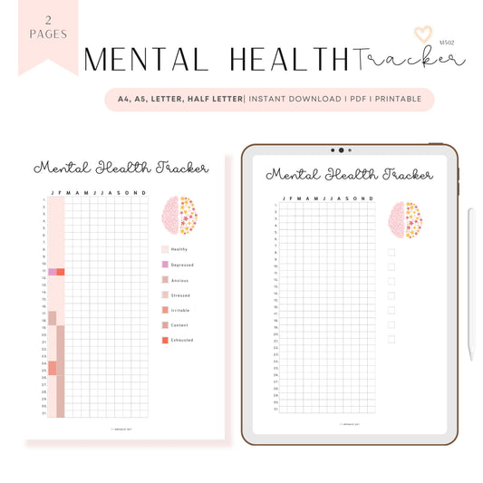 Mental Health Tracker Template Printable PDF, A4, A5, Letter, Half Letter, Minimalist, Digital, Pre-filled & Blank Planner