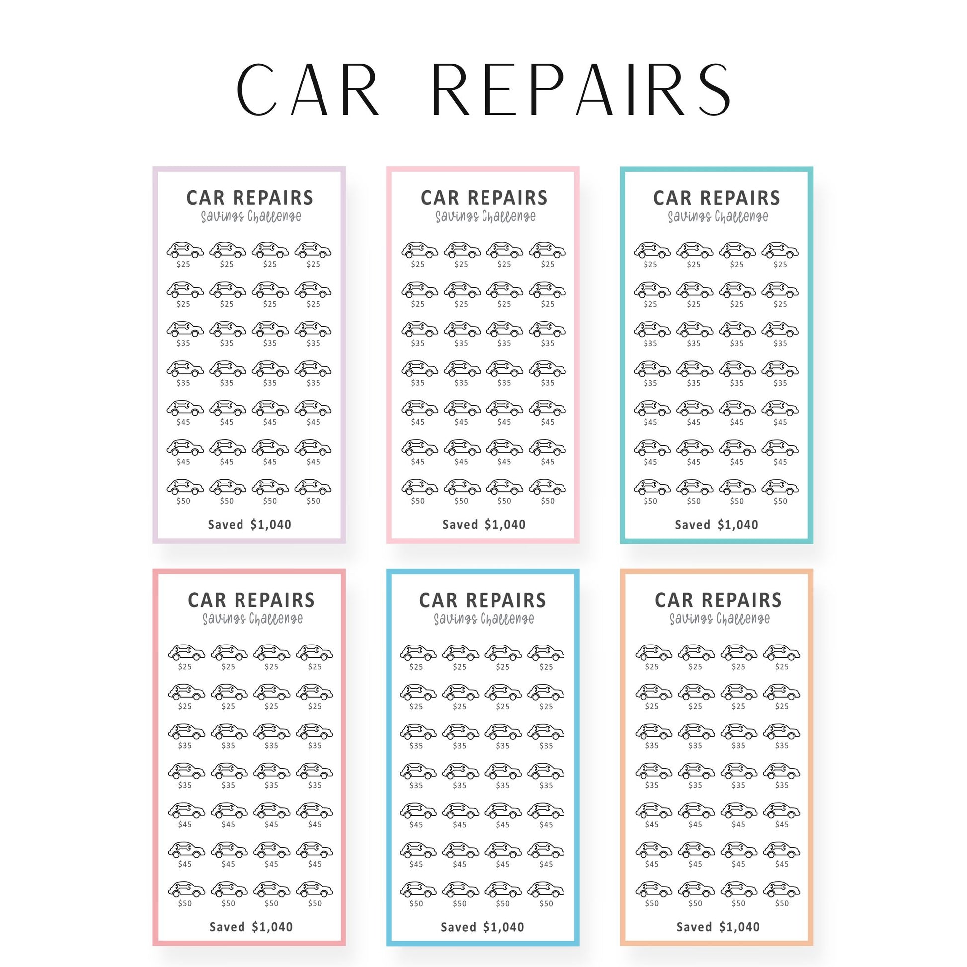 Car Repair A6 Saving Challenge Printable Bundle