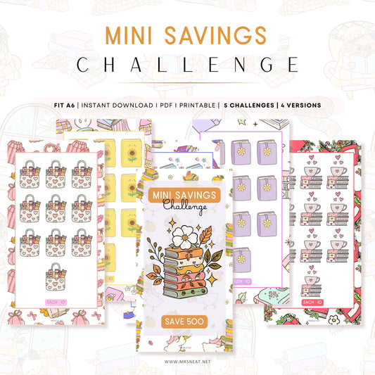 Mini Savings Challenge planner stickers with colorful designs on a white background