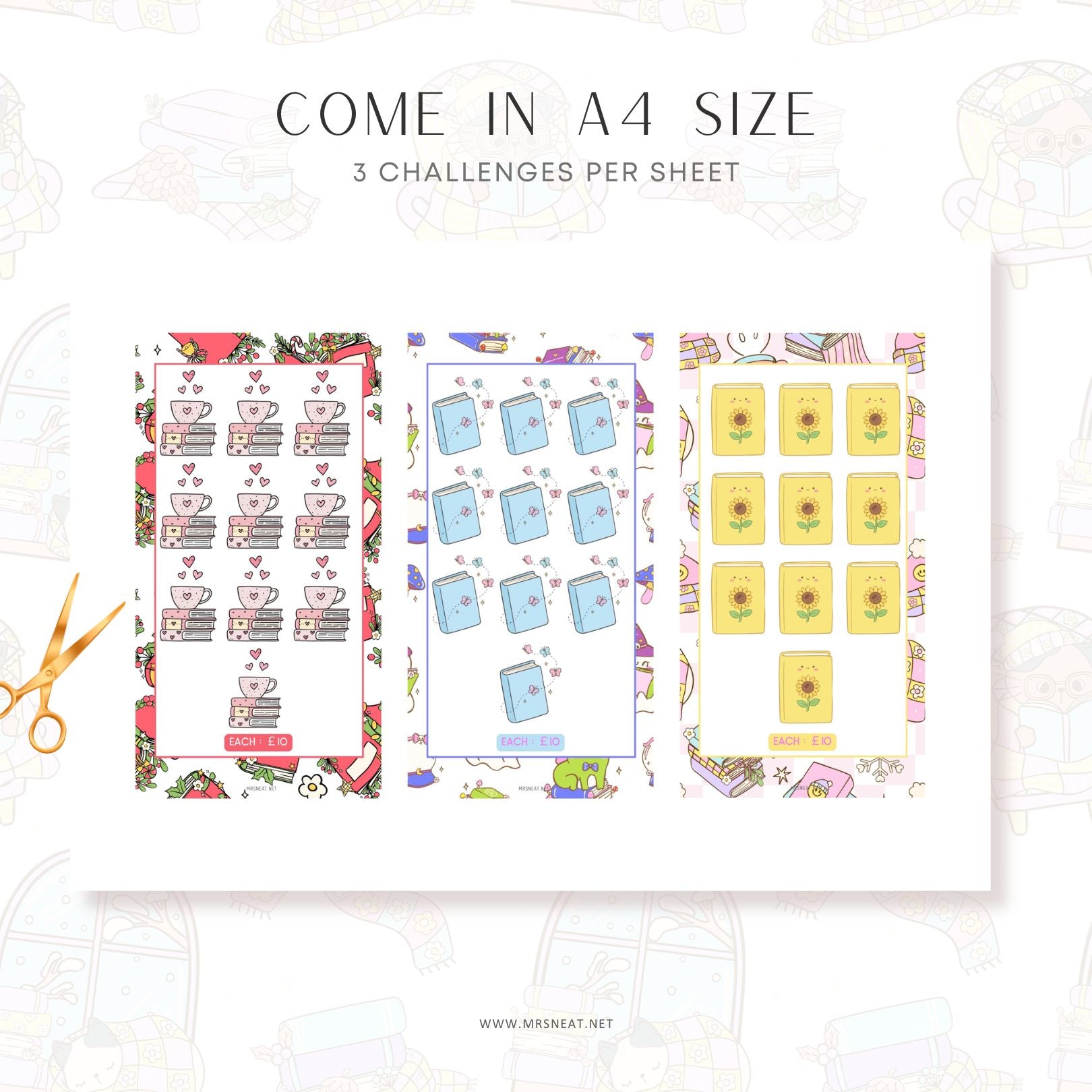 Three A4 sheets with various designs and text on a white background.