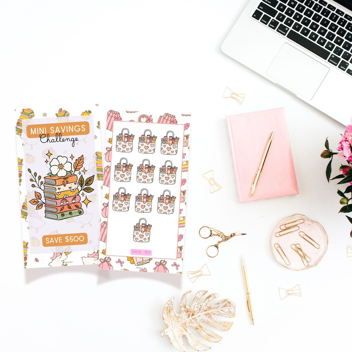 Packaging of 'Mini Savings Challenge' with decorative elements on a desk.