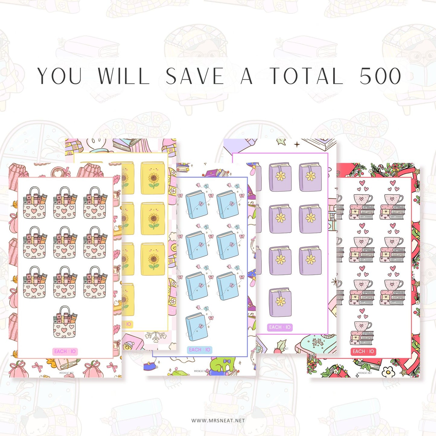 Set of planner stickers with various designs on a white background