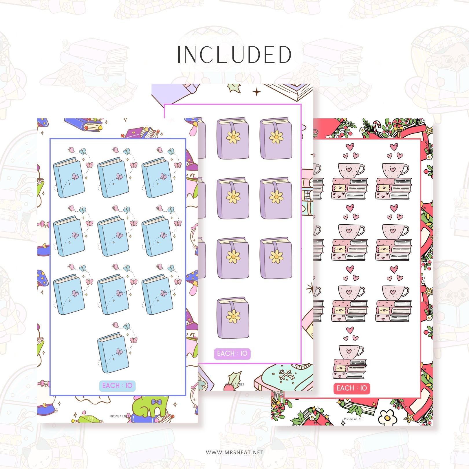 Set of planner stickers with books and cups on a white background