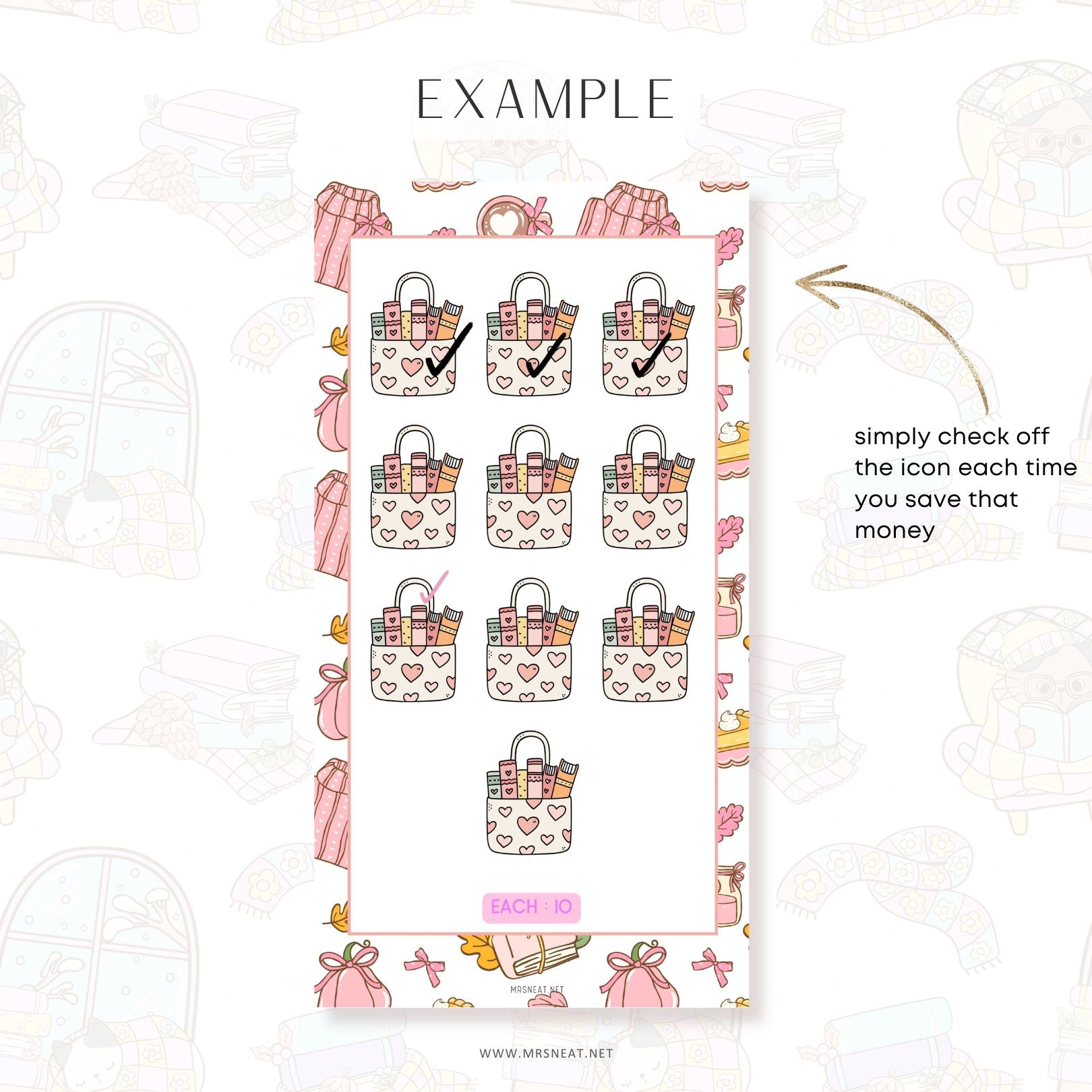 Sticker sheet with handbag icons and text on a light background
