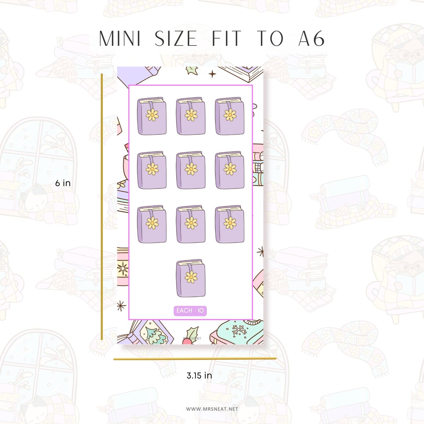 Sticker sheet with purple book designs on a white background