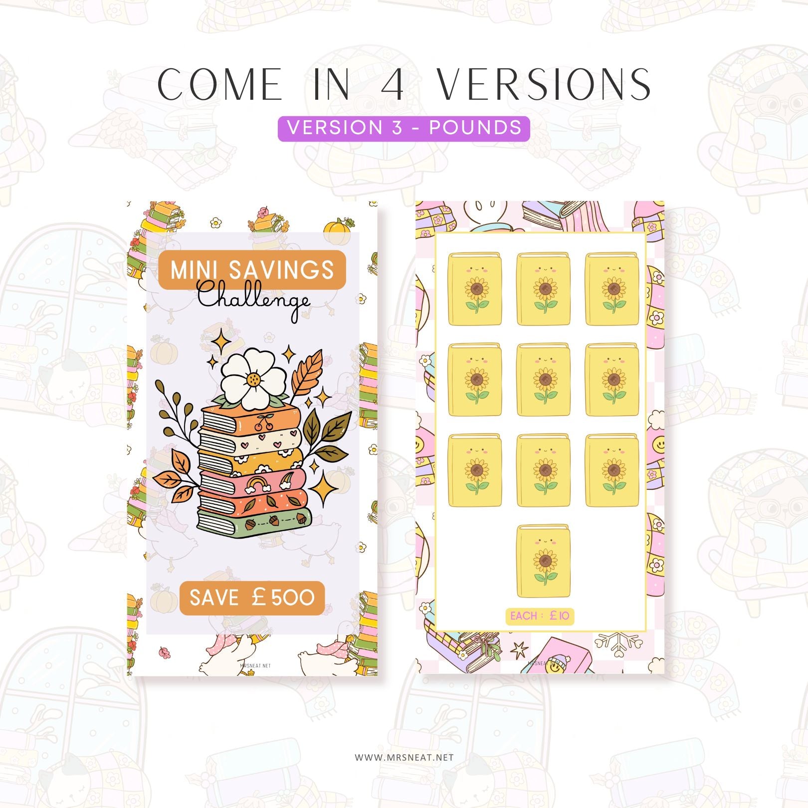 Two packaging designs for a mini savings challenge with text indicating 'Come in 4 versions' and 'Version 3 - Pounds'.