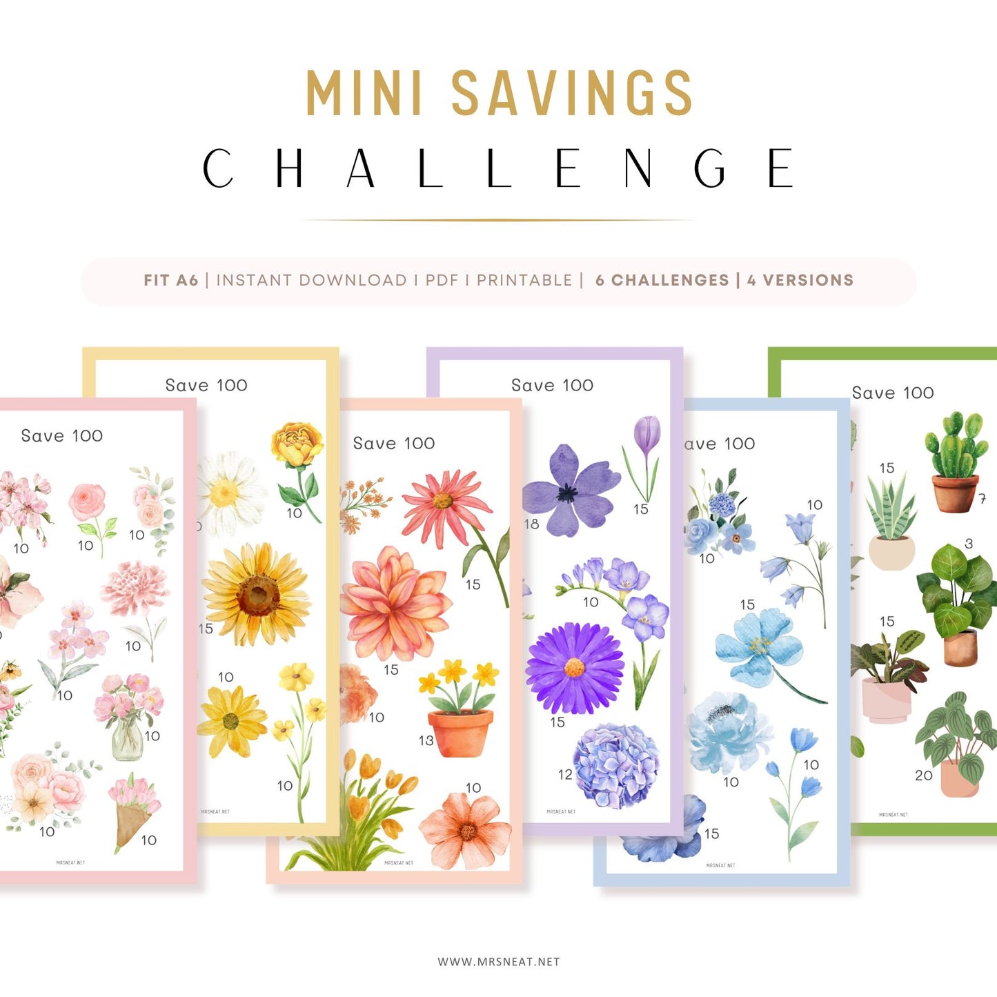 Mini savings challenge with floral and plant designs on a white background