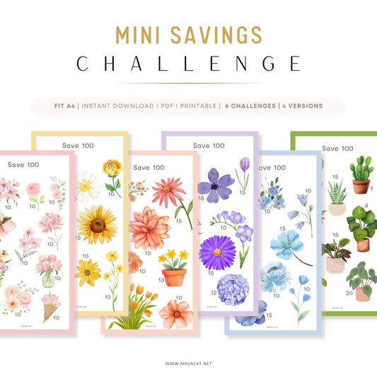 Mini savings challenge with floral and plant designs on a white background