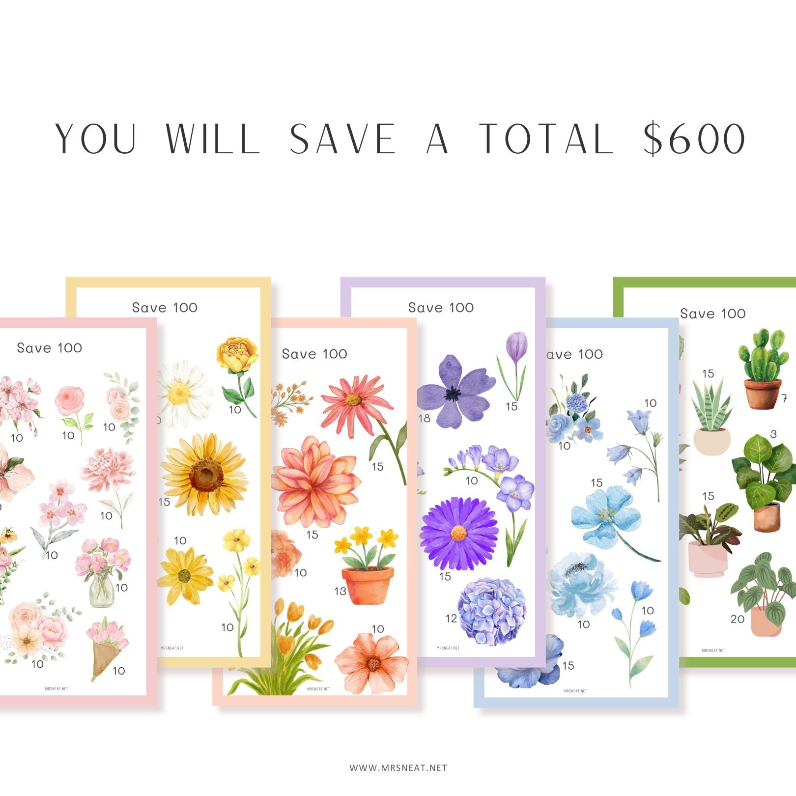 Set of floral and plant-themed posters with savings text on a white background