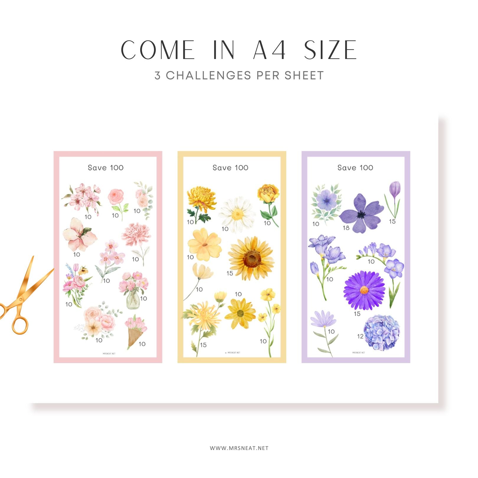 Three A4 size sheets with floral designs and challenges, accompanied by a pair of scissors on a white background.