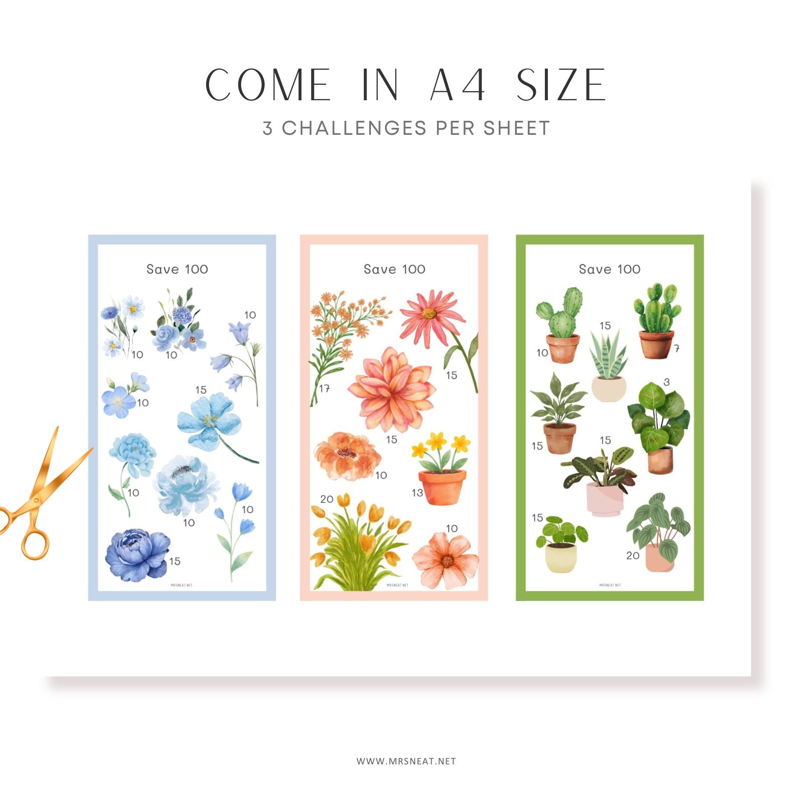 Three A4 size sheets with floral and plant designs, scissors on the side.