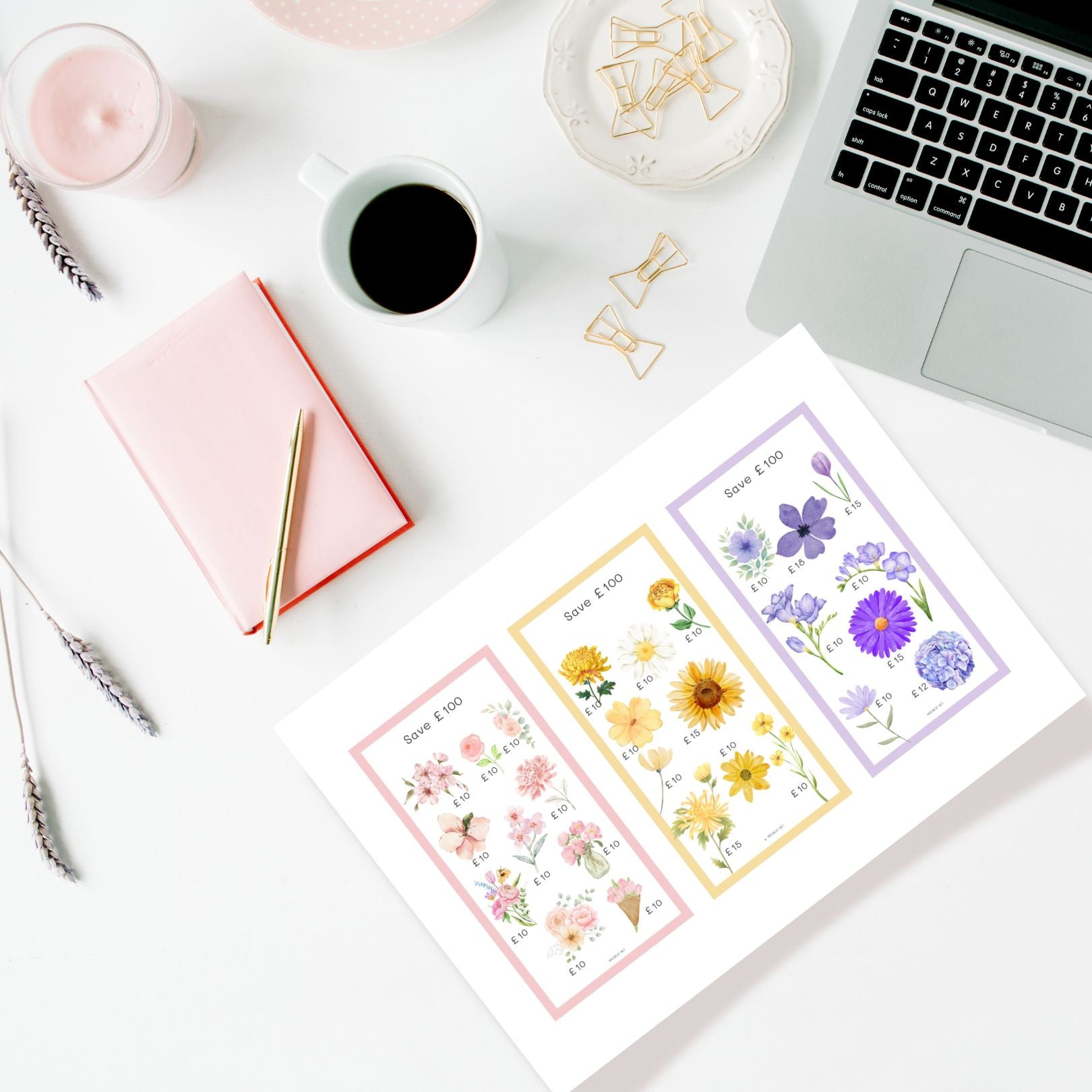 Floral stickers on a desk with a laptop, notebook, and coffee.